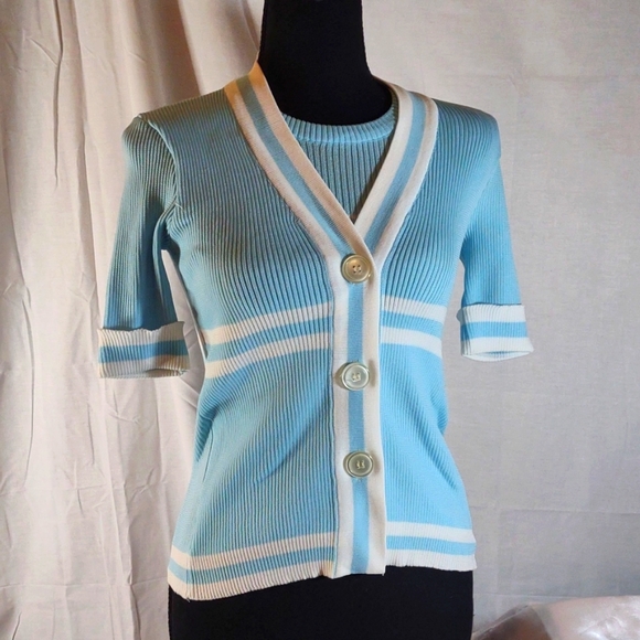 Vintage 70's Light Blue w/White Stripes Short Sleeve Cardigan w/ faux tank - M - Picture 1 of 15